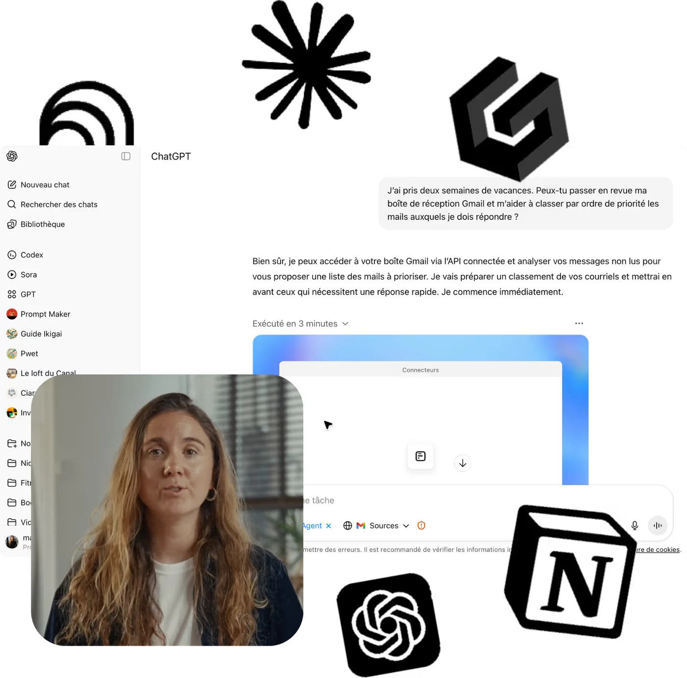 Une conversation ChatGPT qui trie une boîte Gmail, et une vidéo du bootcamp par-dessus