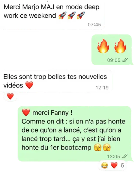 Échange WhatsApp sur les nouvelles vidéos du bootcamp