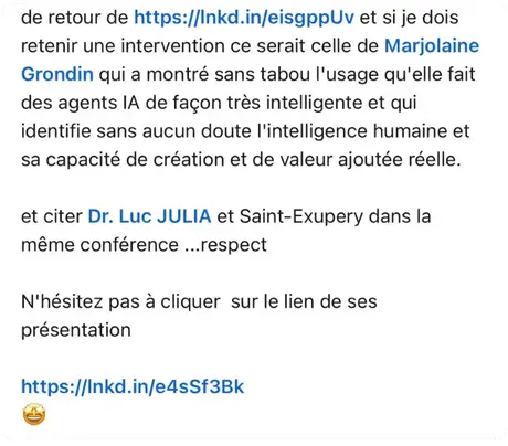Post LinkedIn sur une intervention de Marjolaine Grondin consacrée aux agents IA