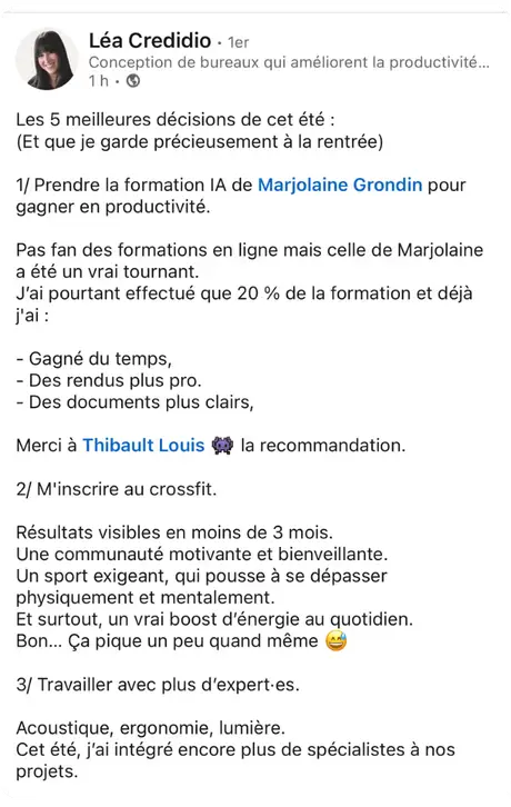 Post LinkedIn : la formation IA de Marjolaine Grondin parmi les décisions de l'été