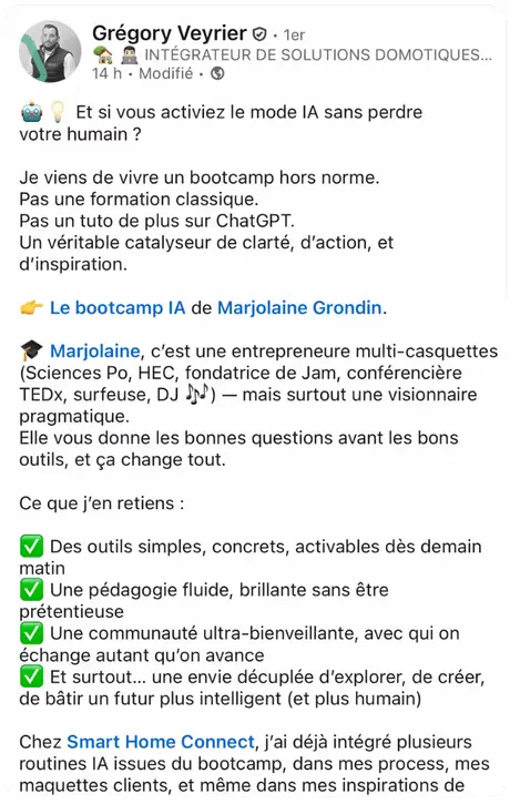 Post LinkedIn d'un entrepreneur : « Je viens de vivre un bootcamp hors norme »