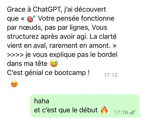 Message WhatsApp : « C'est génial ce bootcamp ! »