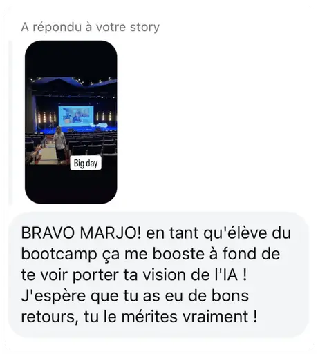 Réponse à une story d'un élève du bootcamp : « ça me booste »