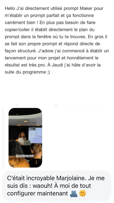Messages : un prompt structuré avec Prompt Maker, puis « à moi de tout configurer »