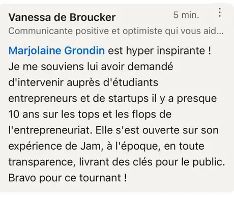 Commentaire LinkedIn sur une intervention de Marjolaine Grondin auprès d'étudiants entrepreneurs