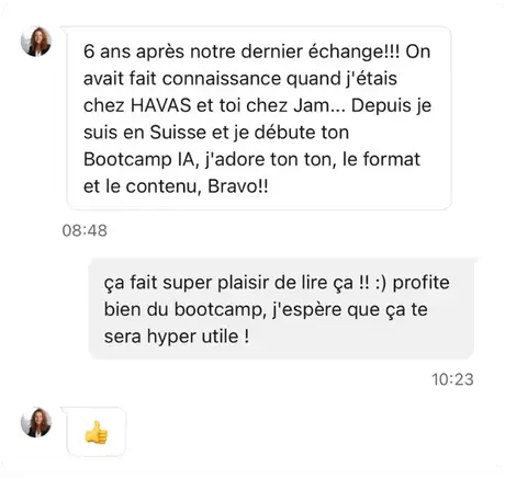 Message d'une participante installée en Suisse qui débute le Bootcamp IA