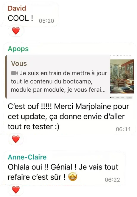 Réactions WhatsApp à la mise à jour du contenu du bootcamp