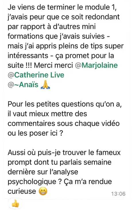Message WhatsApp après le module 1 : « j'ai appris plein de tips »