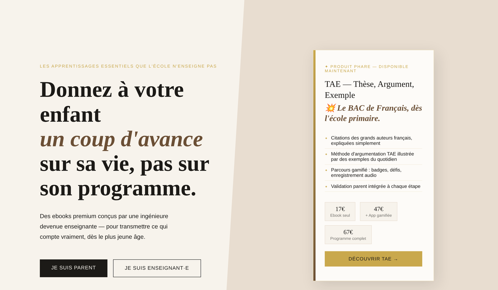 La landing page d'Hélène : Un coup d'avance, pour les parents et les enseignants