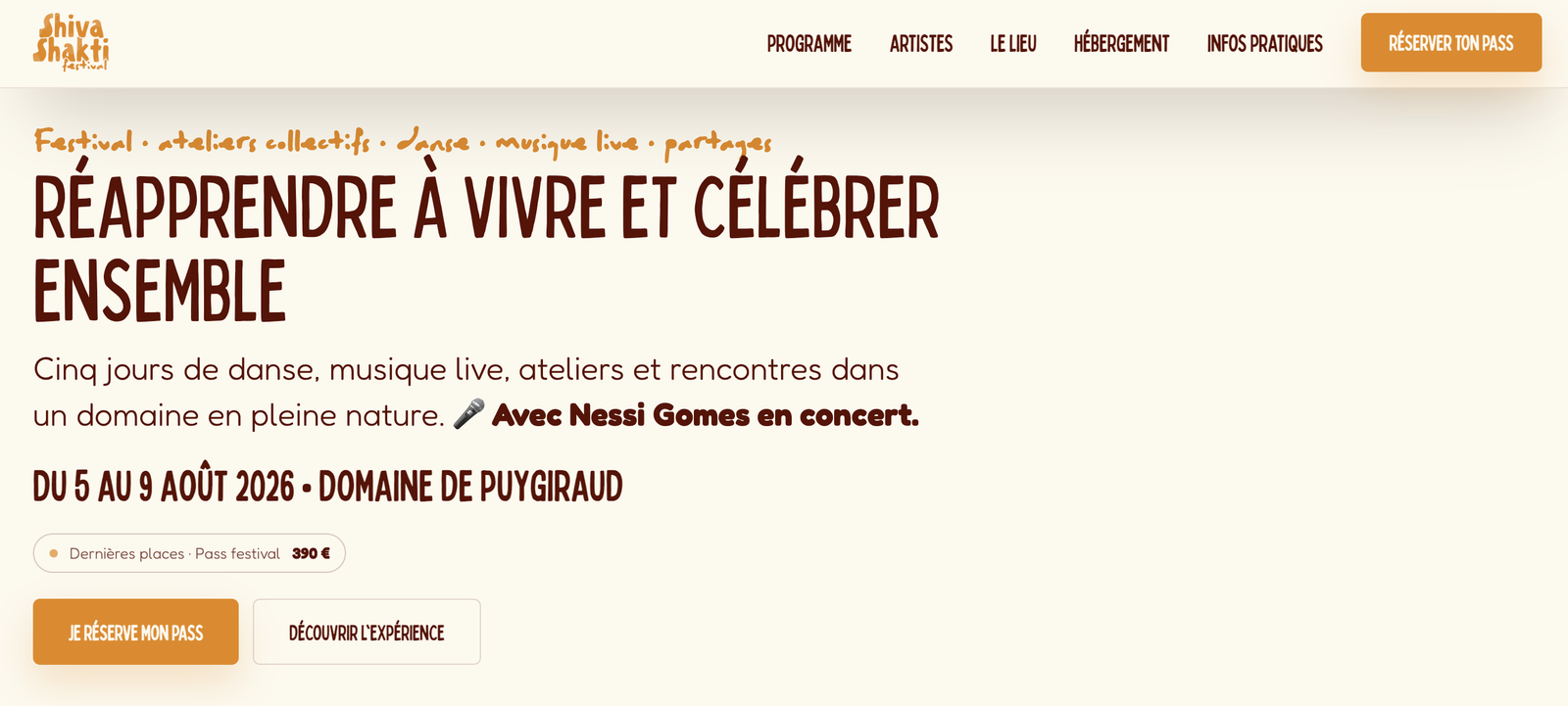 La page d'accueil du nouveau site du Shiva Shakti Festival