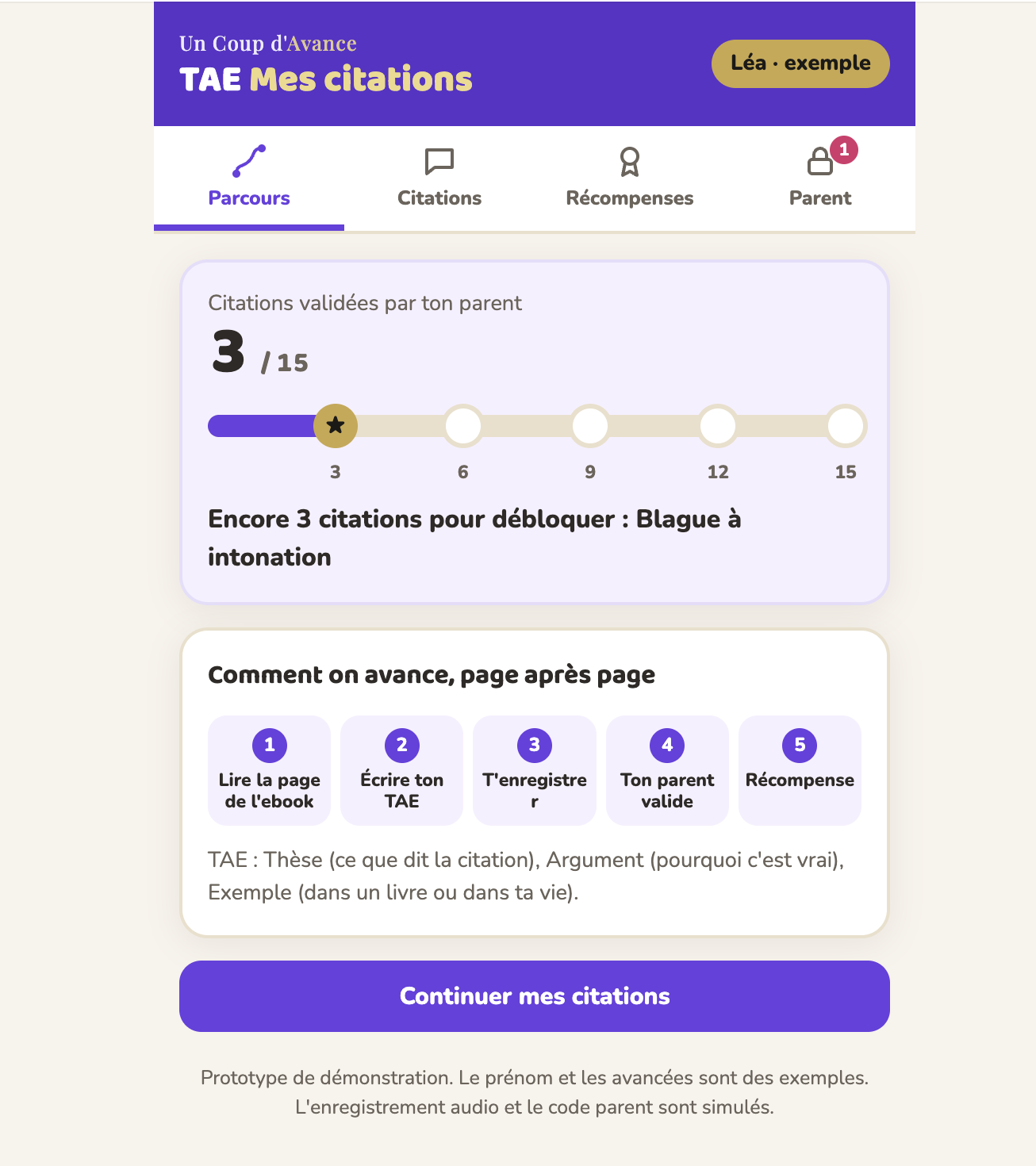 La maquette du jeu de citations : 3 citations validées sur 15, la prochaine récompense à débloquer