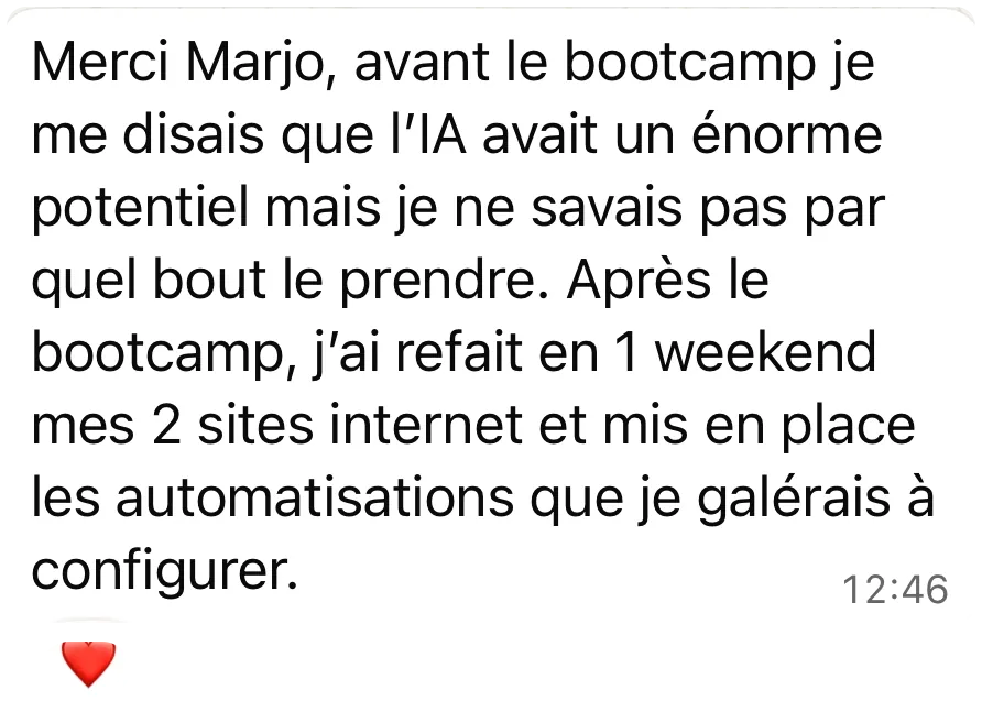 Message WhatsApp : 2 sites refaits en un weekend après le bootcamp