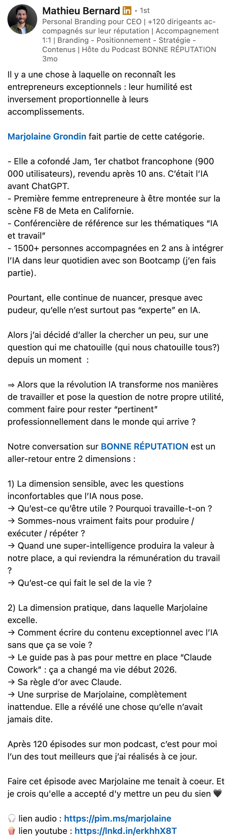 Post LinkedIn de Mathieu Bernard sur son épisode de Bonne Réputation avec Marjolaine Grondin