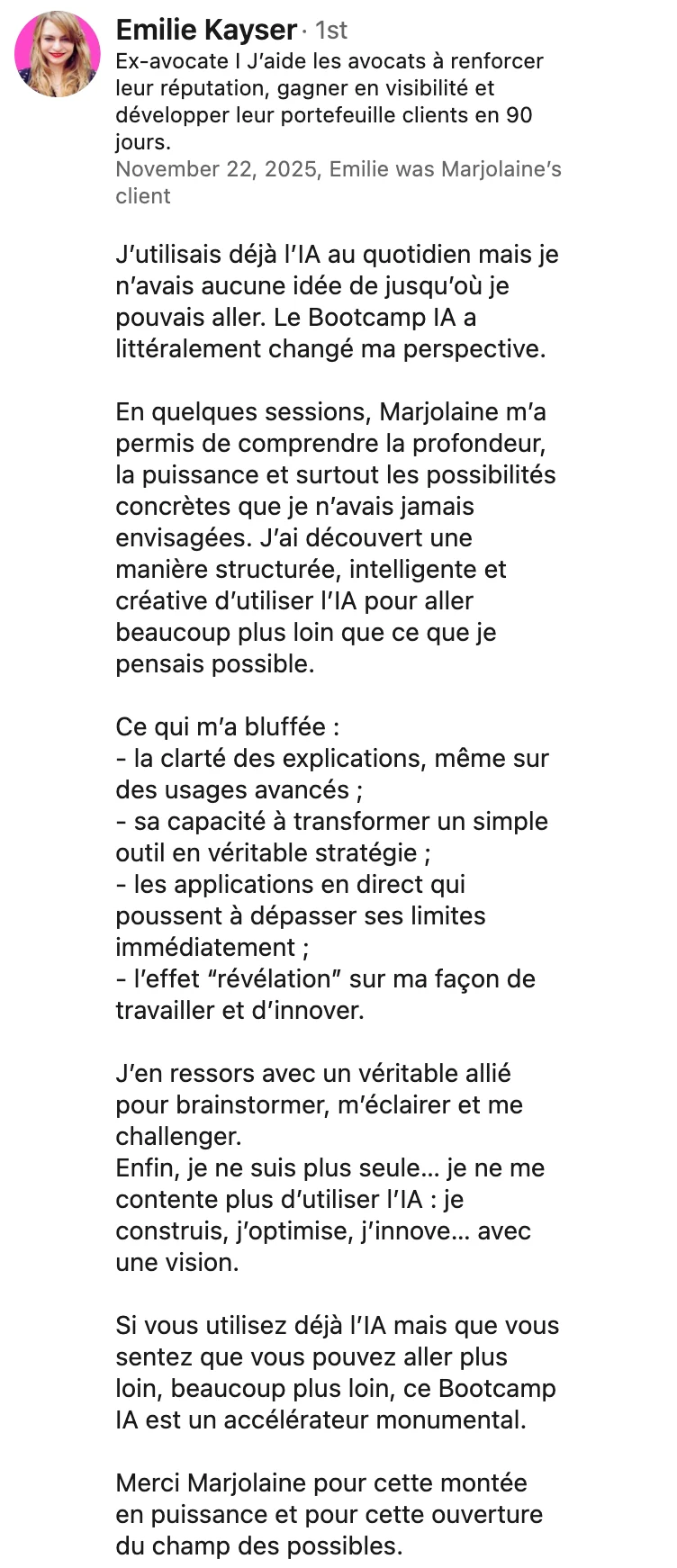 Recommandation LinkedIn de Emilie Kayser