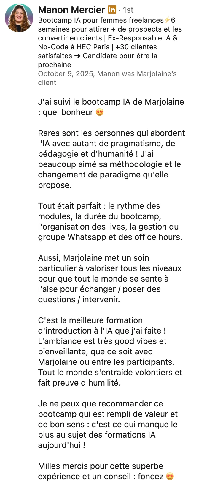 Recommandation LinkedIn de Manon Mercier