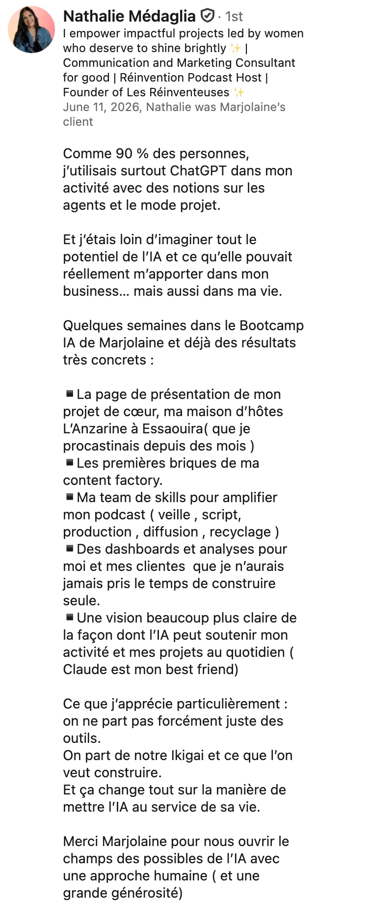 Recommandation LinkedIn de Nathalie Médaglia