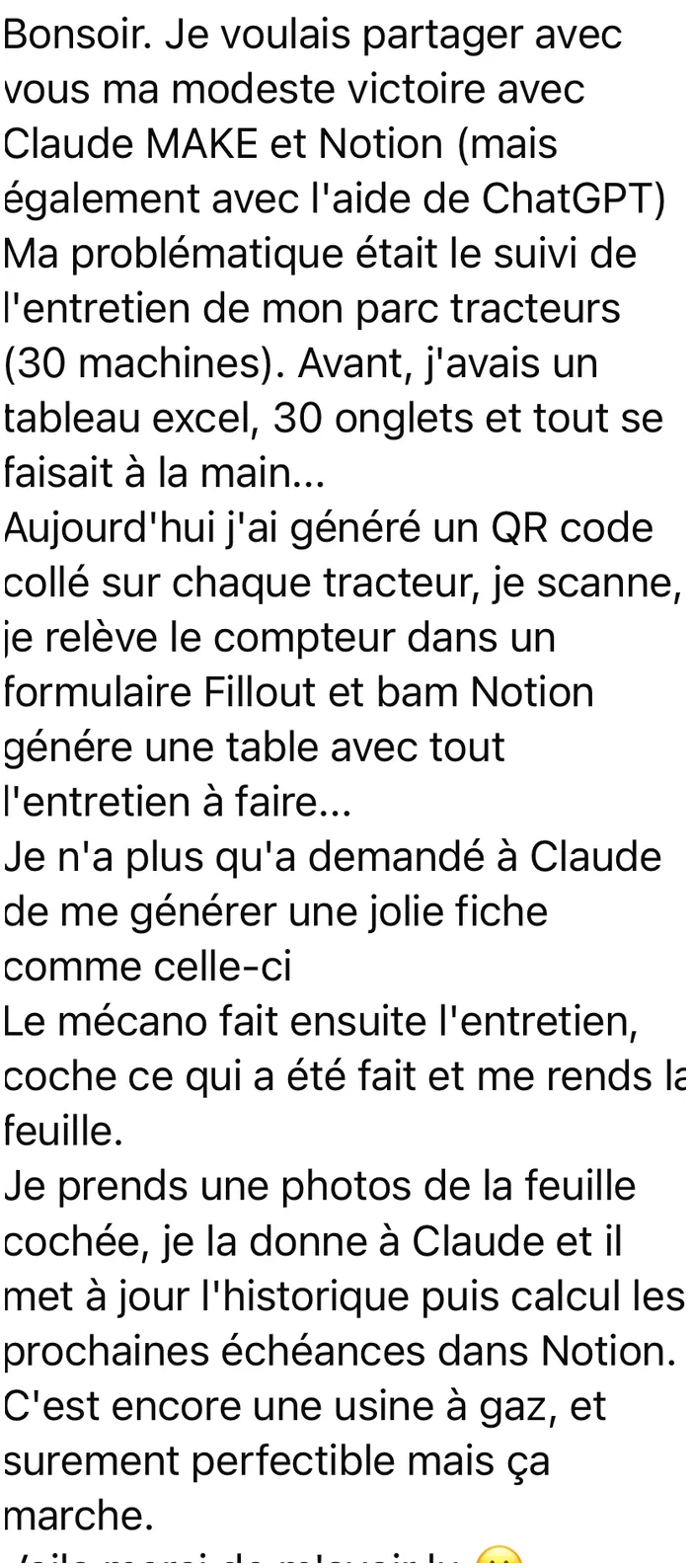 Message WhatsApp : le suivi de l'entretien de 30 tracteurs avec Make, Notion et Claude