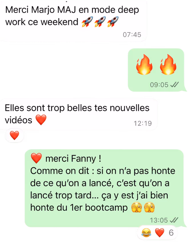 Échange WhatsApp sur les nouvelles vidéos du bootcamp