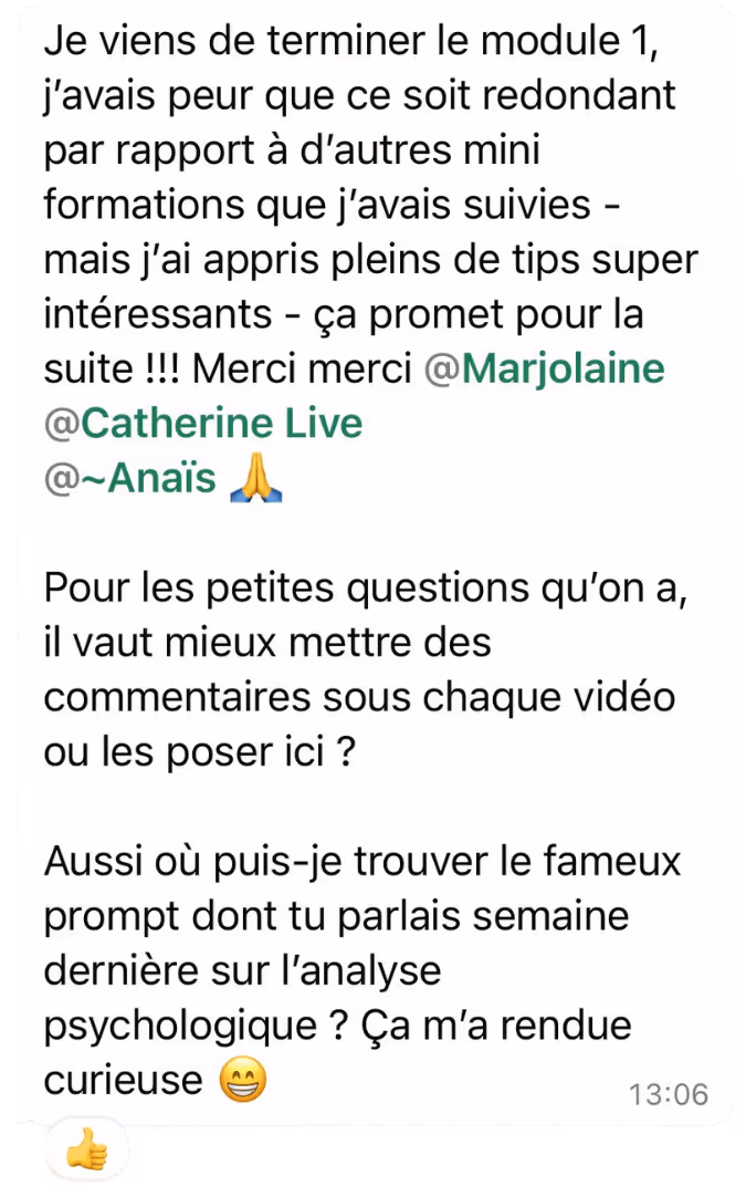 Message WhatsApp après le module 1 : « j'ai appris plein de tips »