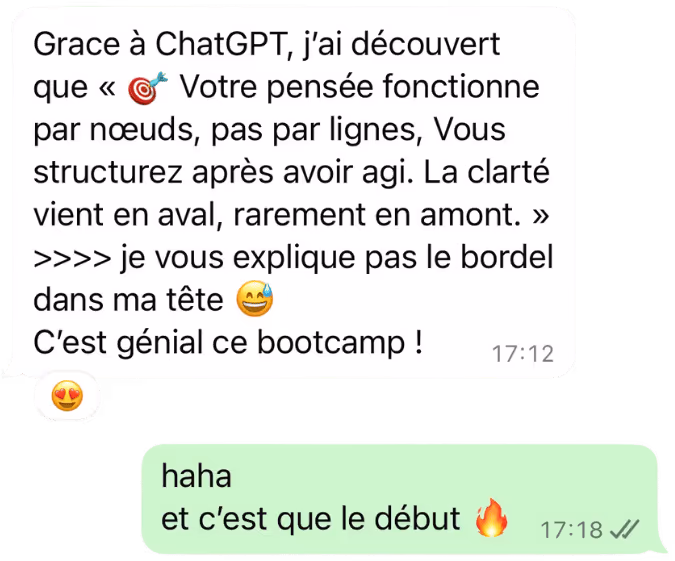 Message WhatsApp : « C'est génial ce bootcamp ! »