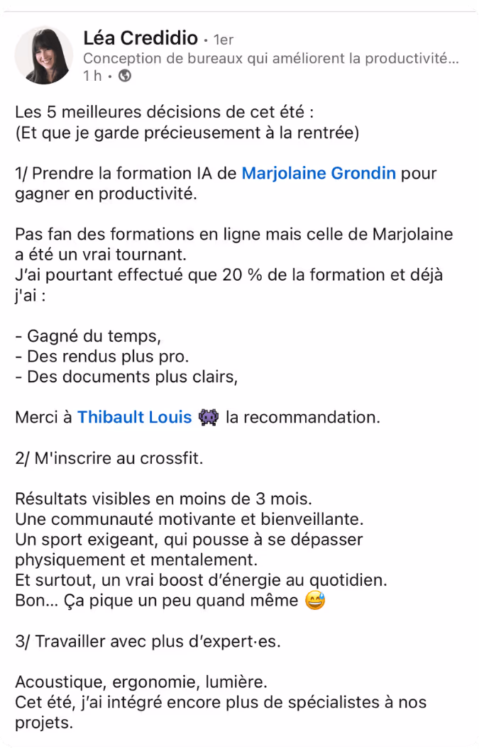 Post LinkedIn : la formation IA parmi les 5 meilleures décisions de l'été