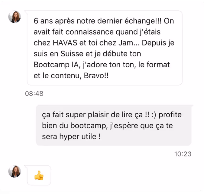 Message d'une participante installée en Suisse qui débute le Bootcamp IA