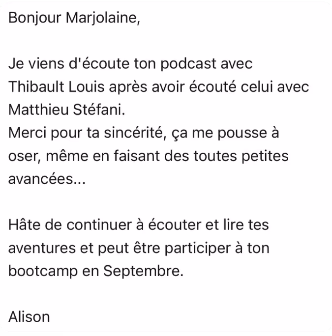 Message d'Alison après l'écoute d'un podcast avec Marjolaine Grondin