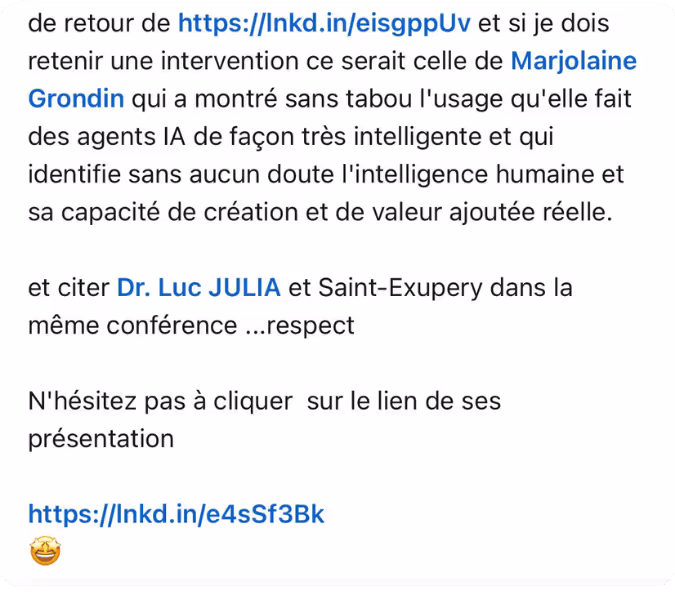 Post LinkedIn sur une intervention de Marjolaine Grondin consacrée aux agents IA