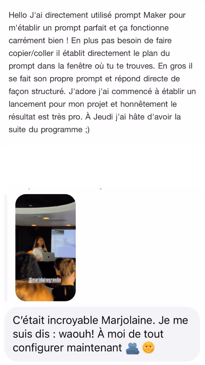 Messages : un prompt structuré avec Prompt Maker, puis « à moi de tout configurer »