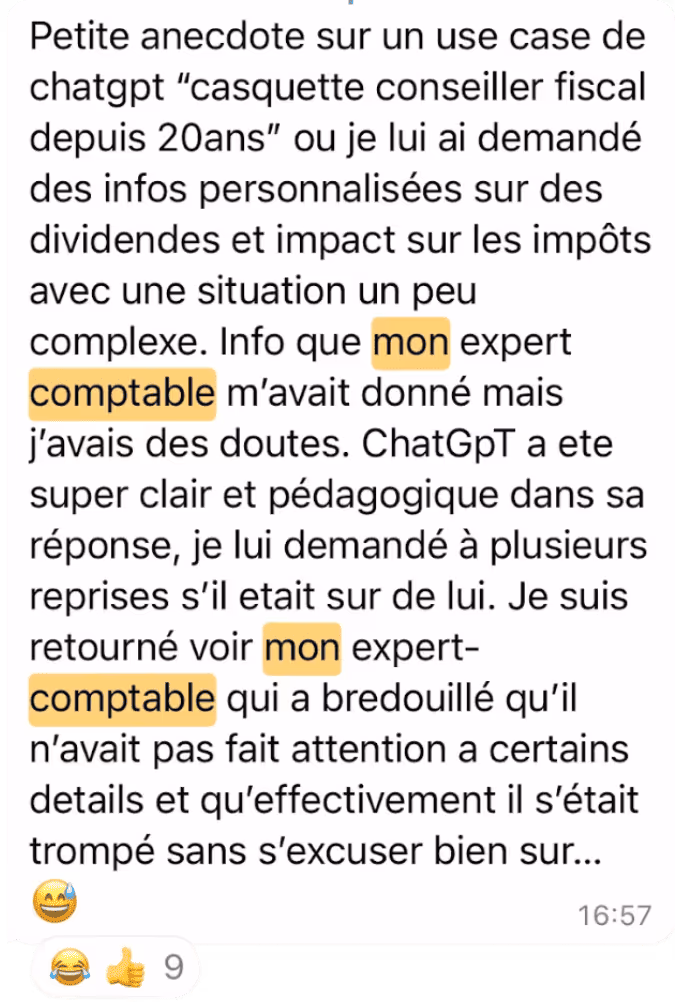 Message WhatsApp : ChatGPT plus clair que l'expert-comptable sur les dividendes