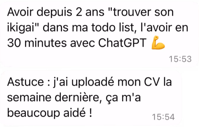 Message WhatsApp : « trouver son ikigai », réglé en 30 minutes